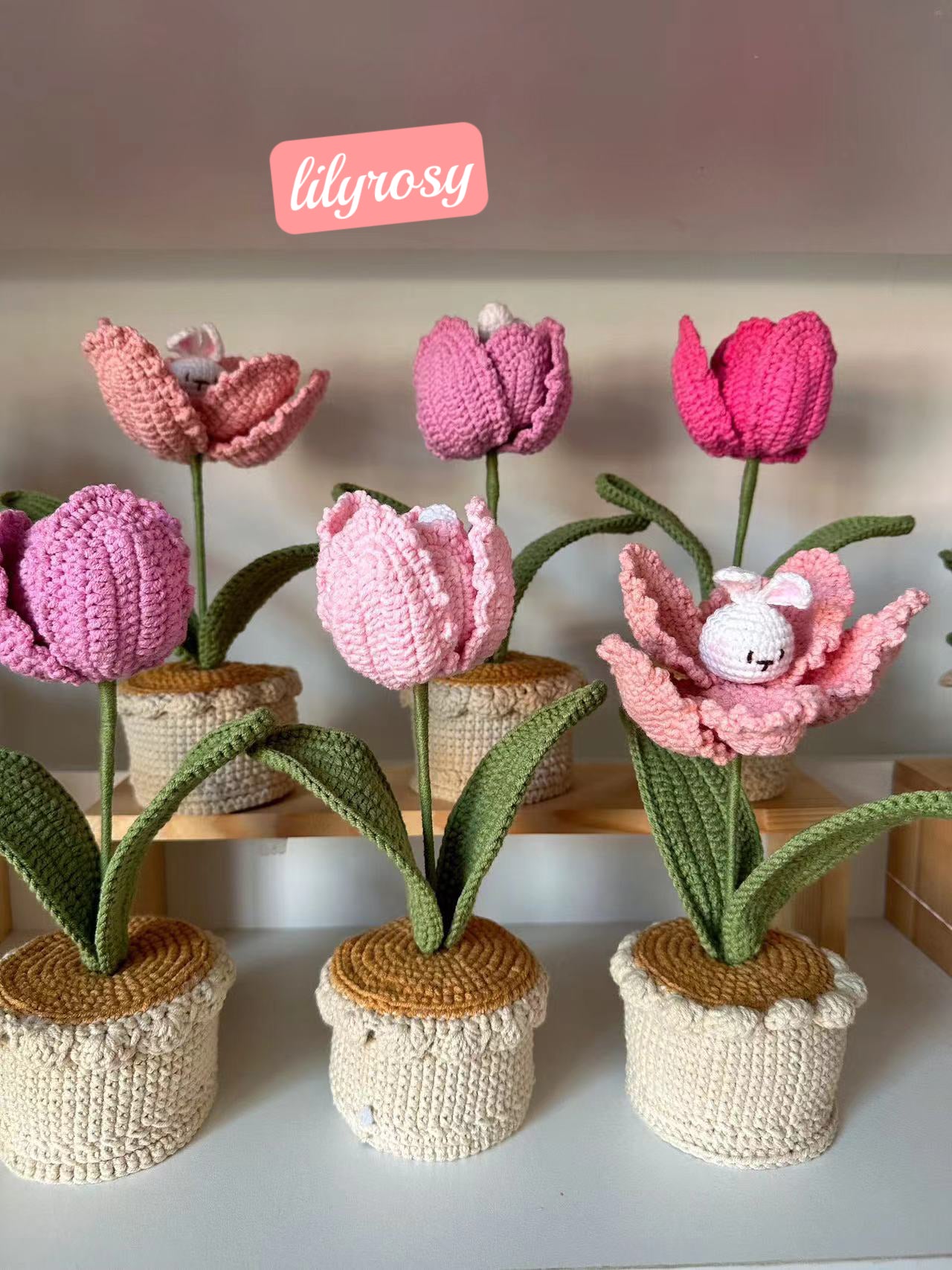 Crochet Tulip Bunny pots,Car Dashboard Decor, Office decor – lilyrosy