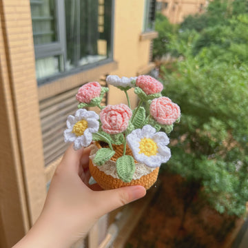 Crochet roses and daisy pots,Car Dashboard Decor, Office decor