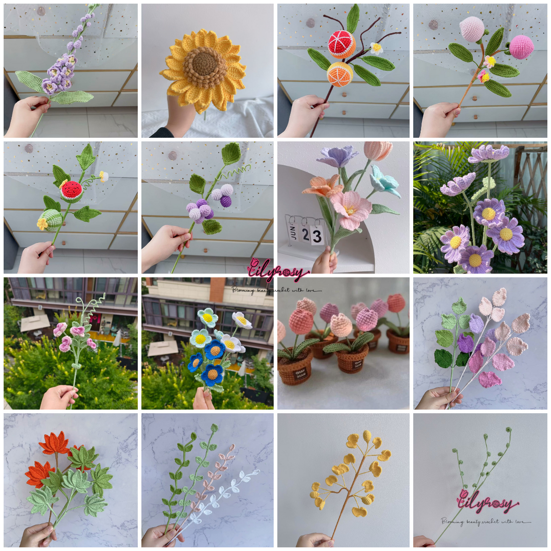 Lilyrosy 100 kinds of crochet flowers patterns with step by step video tutorial, US Terms