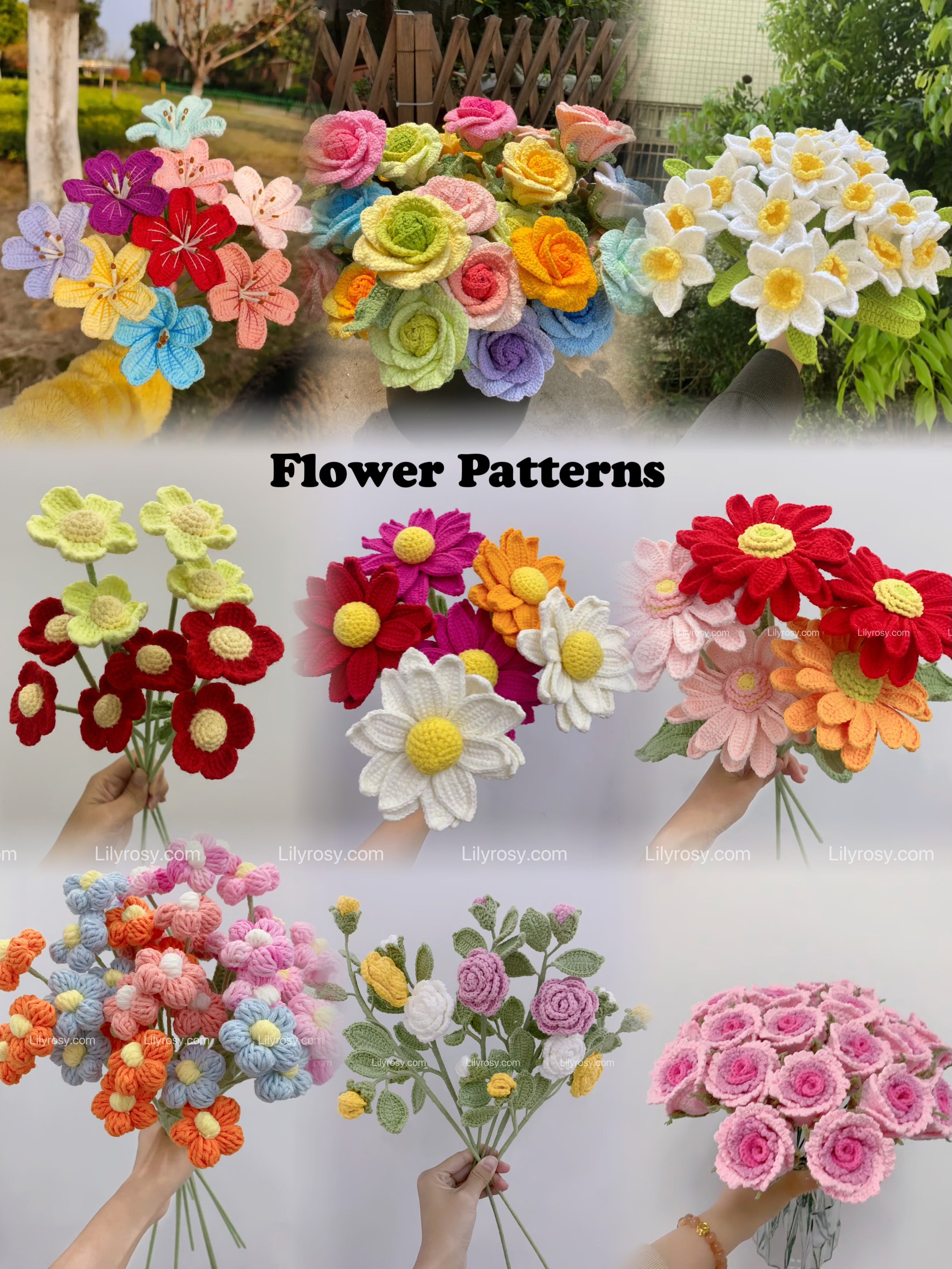 Lilyrosy 100 kinds of crochet flowers patterns with step by step video tutorial, US Terms