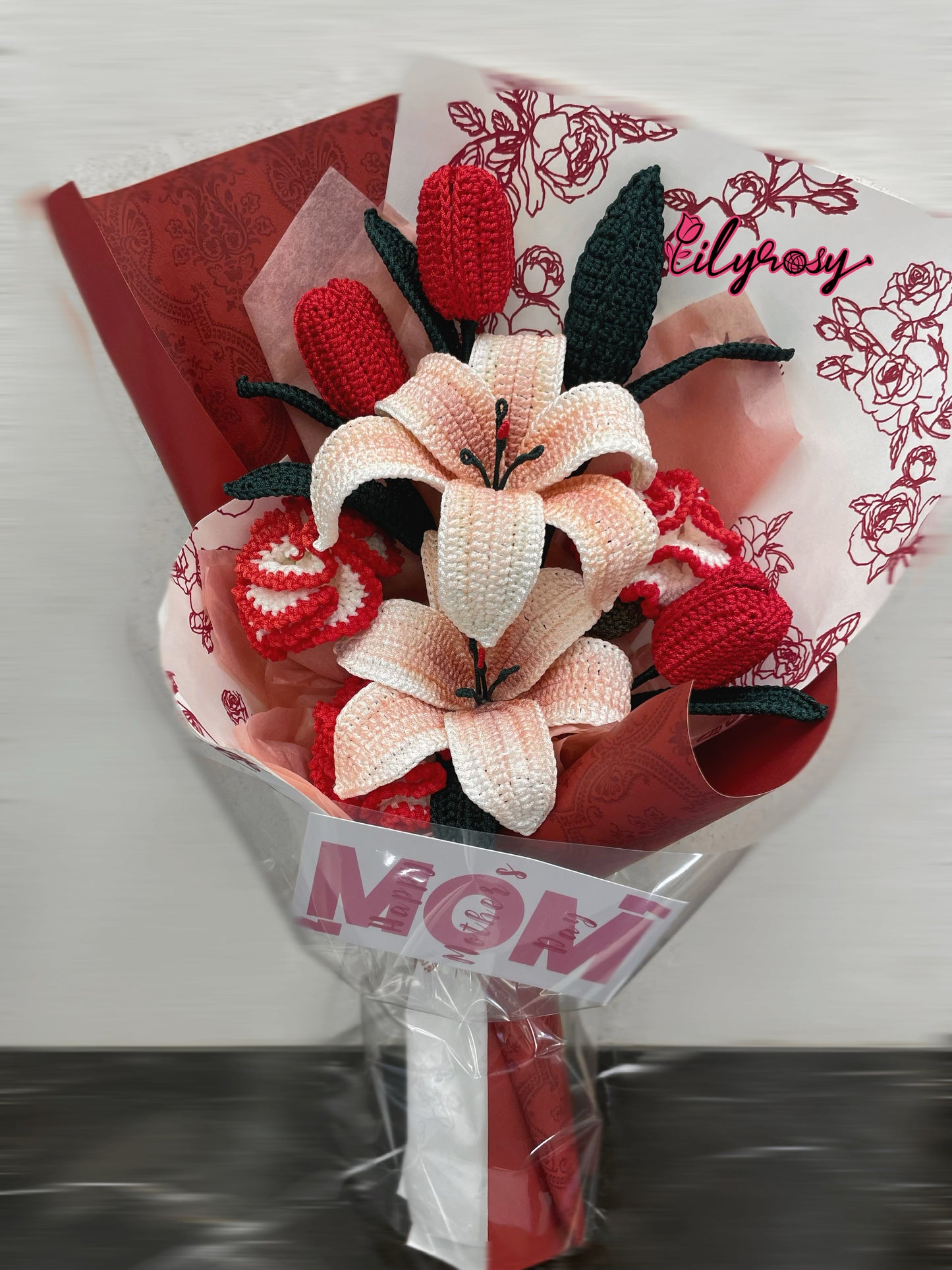 Lilyrosy Crochet Lilies and Carnation Flower Bouquet， Gifts for Her