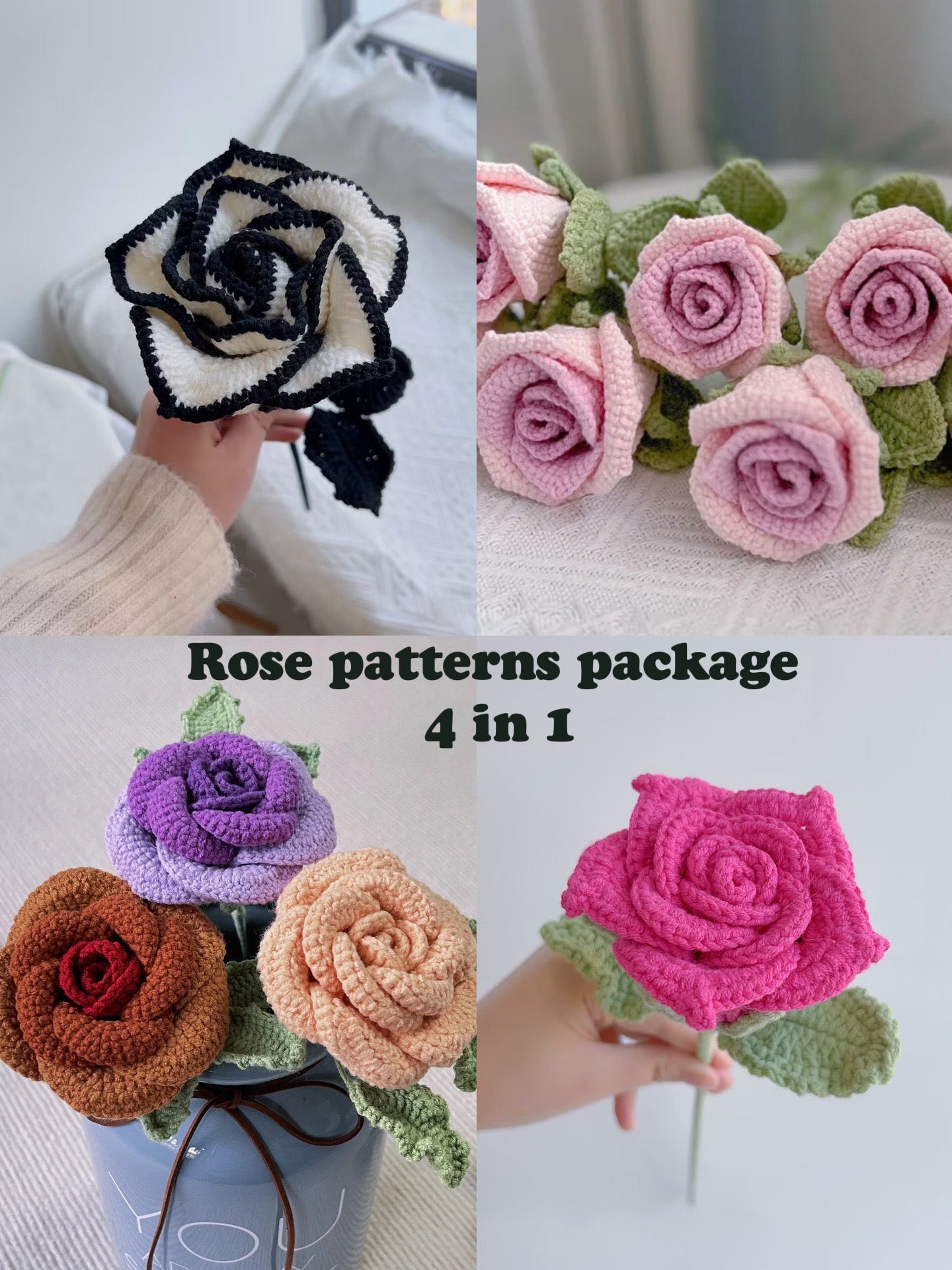 (4 in 1)Crochet roses patterns package (US terms) , lilyrosy – Lilyrosy LLC