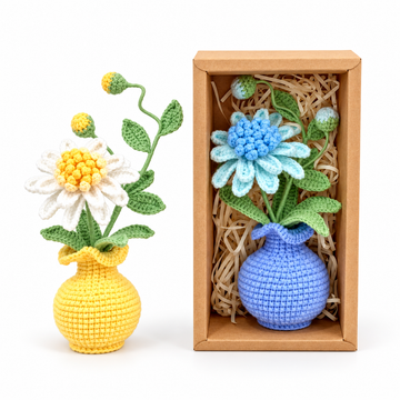 Crochet Blue-eyed daisy Flower Bouquet Pot, Handmade gifts