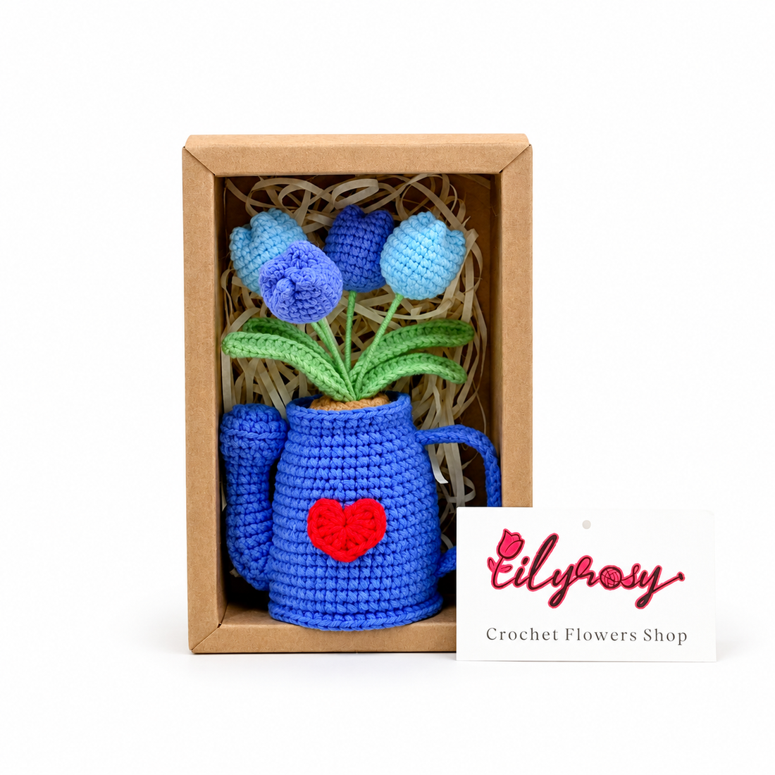 Crochet tulip flower gift set with watering can, Handmade gifts