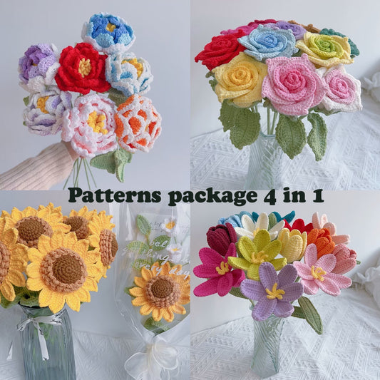 (4 in 1) Lilyrosy crochet peony, rose,tulip patterns package (US term）