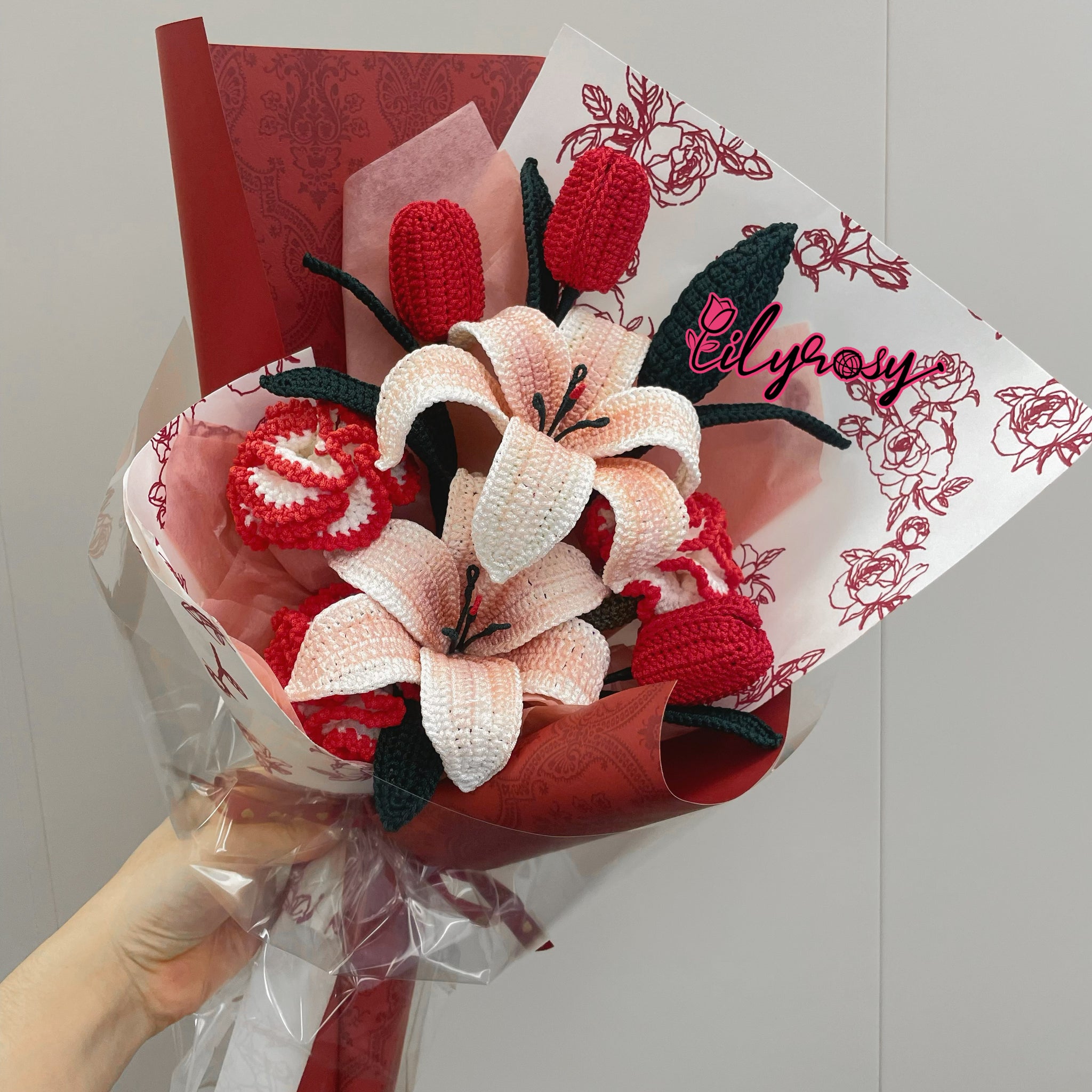 Lilyrosy Crochet Lilies and Carnation Flower Bouquet， Gifts for Her