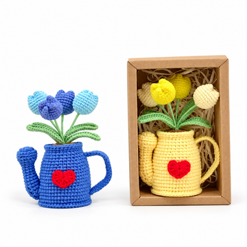 Crochet tulip flower gift set with watering can, Handmade gifts