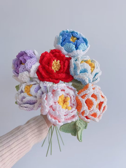Patrón peonía a crochet, patrón pdf en inglés, ramo de flores DIY, patrón a crochet para principiantes,lilyrosy