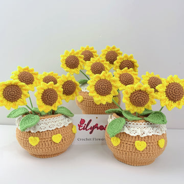 Handmade Crochet sunflower flowers plant Pots, hoilday gifts,home decor