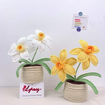 Handmade Crochet narcissus flowers plant Pots, hoilday gifts,home decor