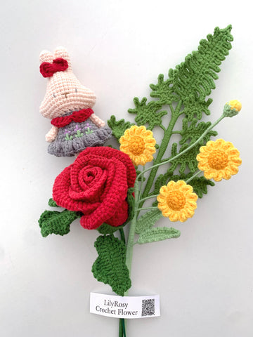 Handmade Crochet Zinnia Bouquet with doll ,graduation Day gift, gifts for any occasion