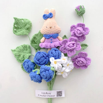 Handmade Crochet Bunny Flower Bouquet with doll ,mothers' Day gift, gifts for any occasion