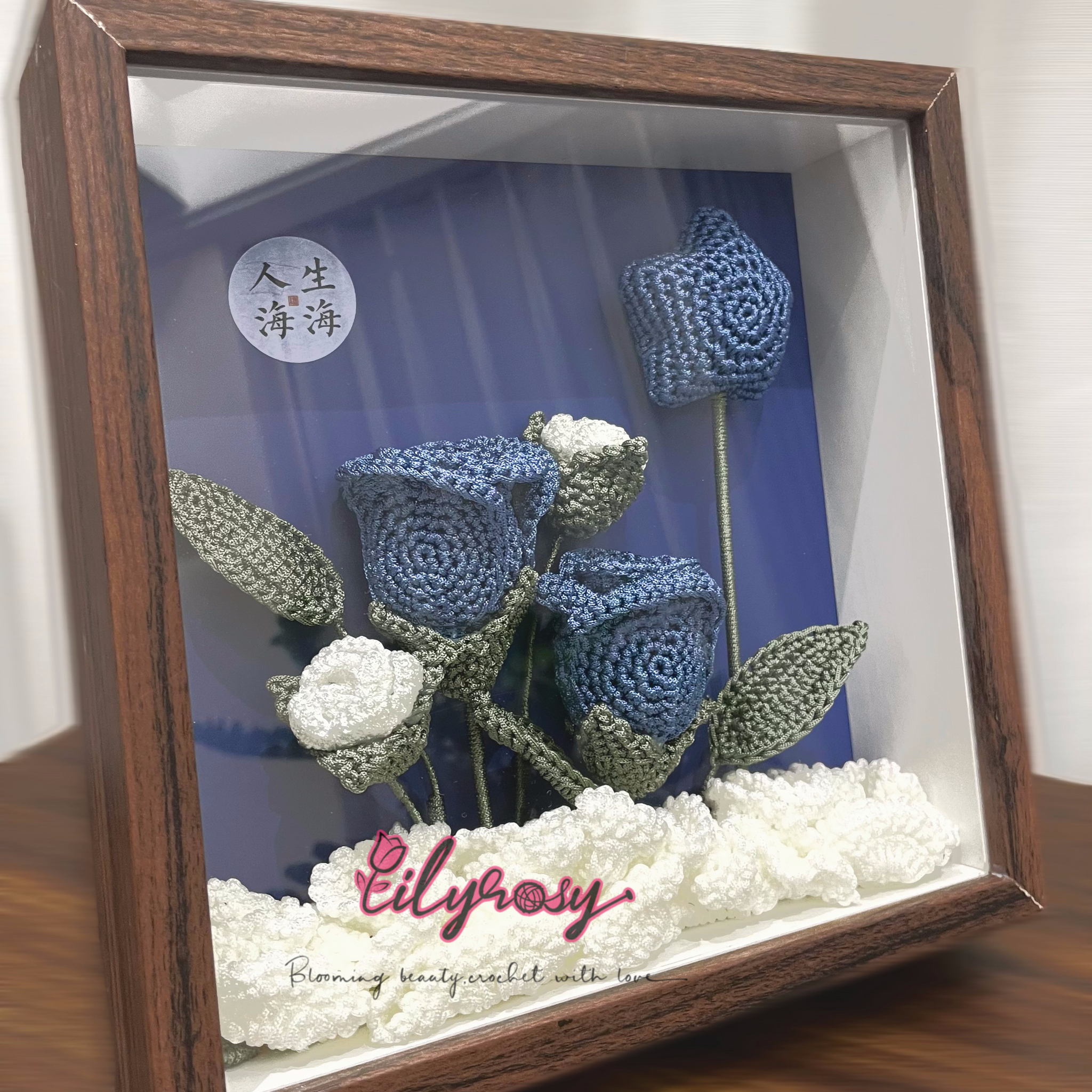 Handmade|Crochet blue roses  photo frame ,table  Decor, Office decor,home decor