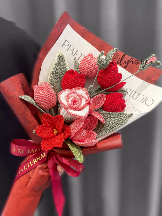 强烈推荐|钩针红色郁金香花束，送给女朋友/朋友/妈妈的礼物，情人节礼物
