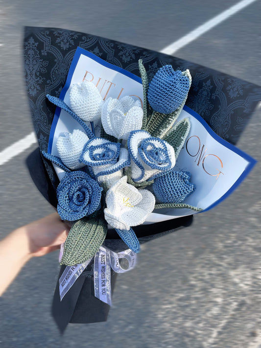 推荐|钩针蓝色花束，送给女朋友/朋友/妈妈/他的礼物，情人节礼物