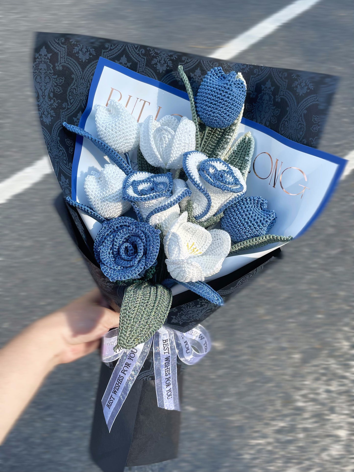 推荐|钩针蓝色花束，送给女朋友/朋友/妈妈/他的礼物，情人节礼物