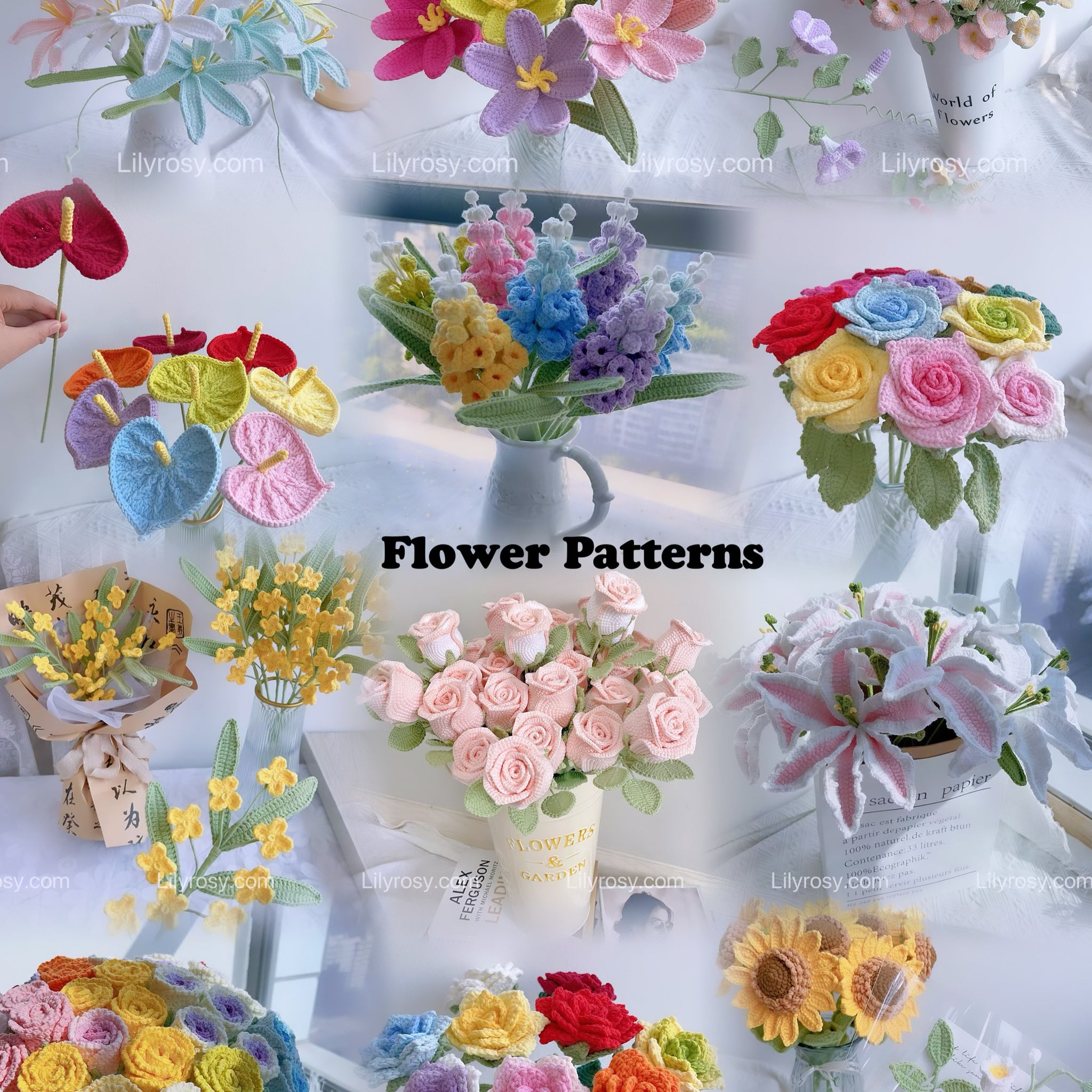 Lilyrosy 100 kinds of crochet flowers patterns with step by step video tutorial, US Terms