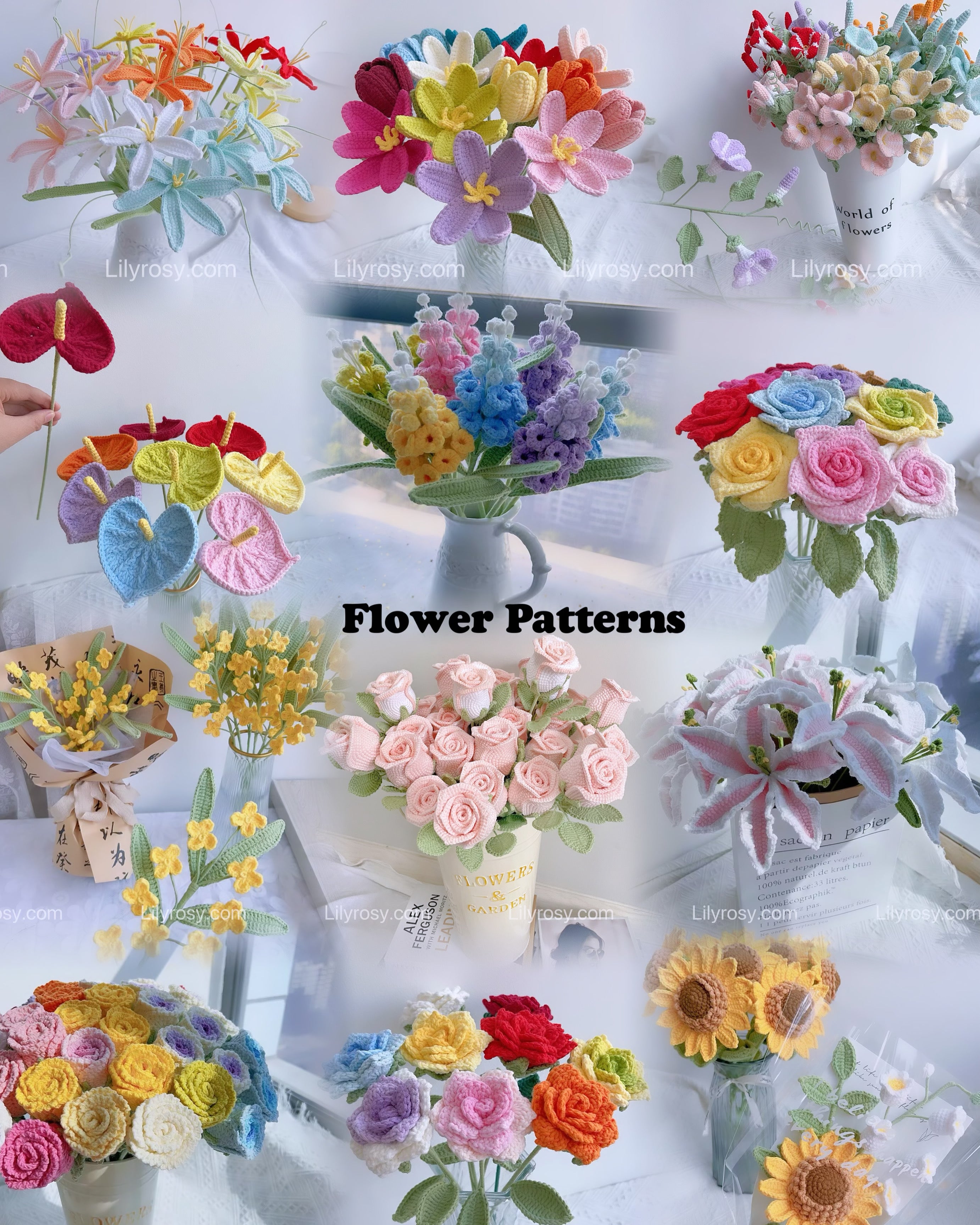 100 crochet flowers patterns + 20 balls yarn + 100 stems , PDF + Video ...