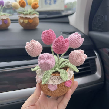 Macetas de tulipanes de ganchillo, decoración del tablero del coche, decoración de la oficina