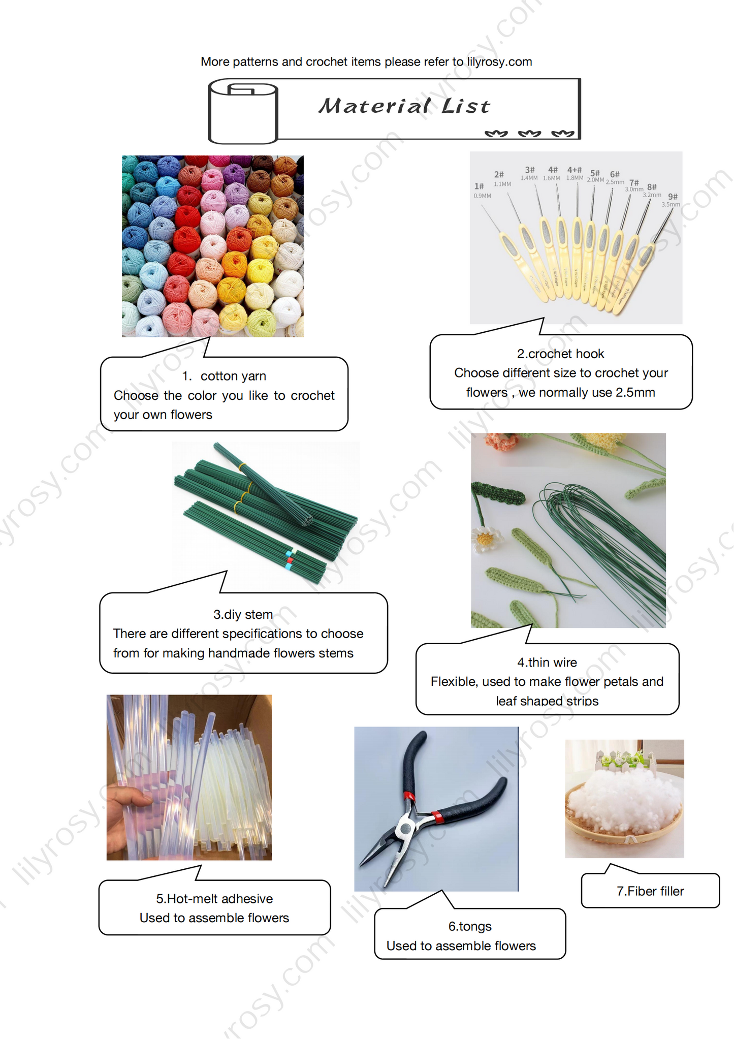 百合花钩针图案，英文pdf图案，花束DIY，初学者钩针图案，lilyrosy